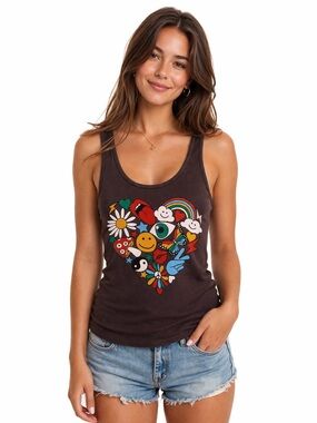 Lauren Moshi Graphic Heart Tank Top with Retro Icons - Black